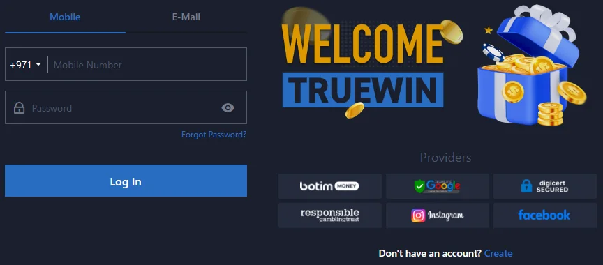 TrueWin UAE Mobile and Email Account Login Screen with +971 Emirates Access
