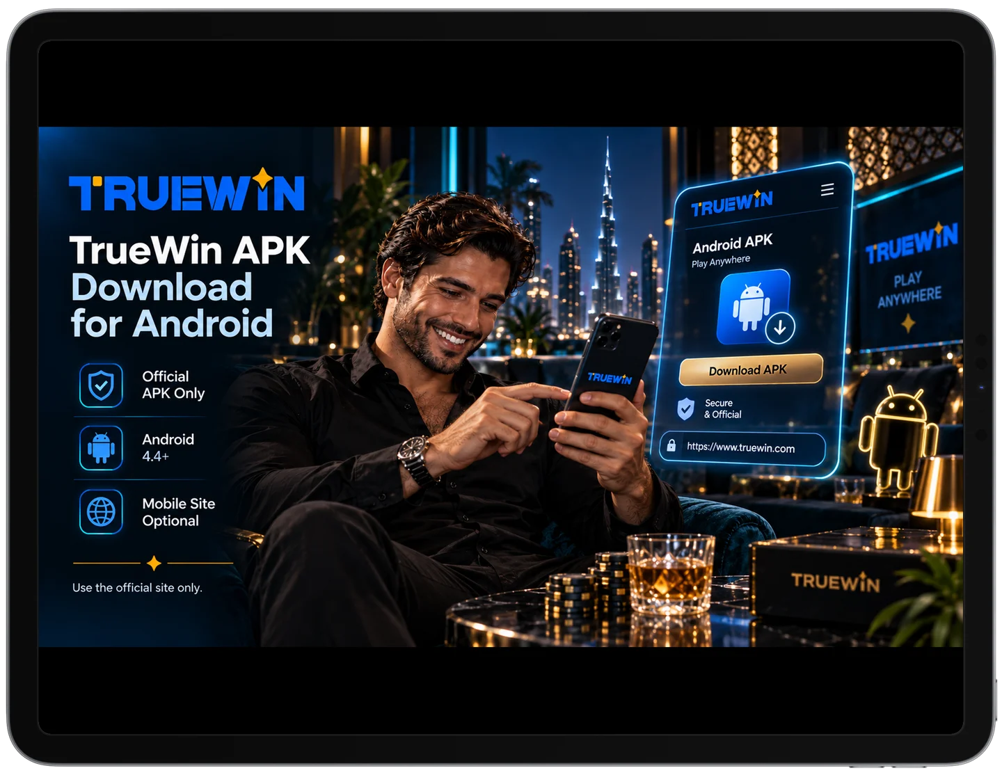 TrueWin official Android APK download guide on mobile smartphone screen with Emirates skyline