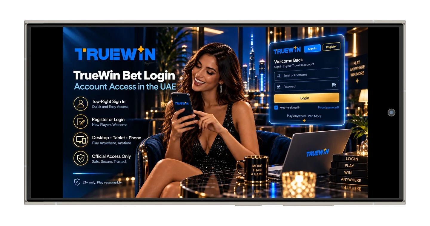 TrueWin account login on smartphone screen showing secure sign-in window against luxury Dubai skyline background