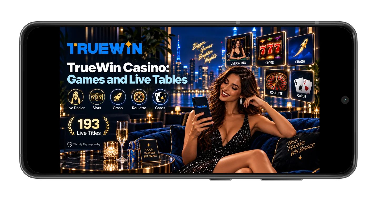 TrueWin online casino lobby displaying slots, crash games and live dealer tables on mobile device