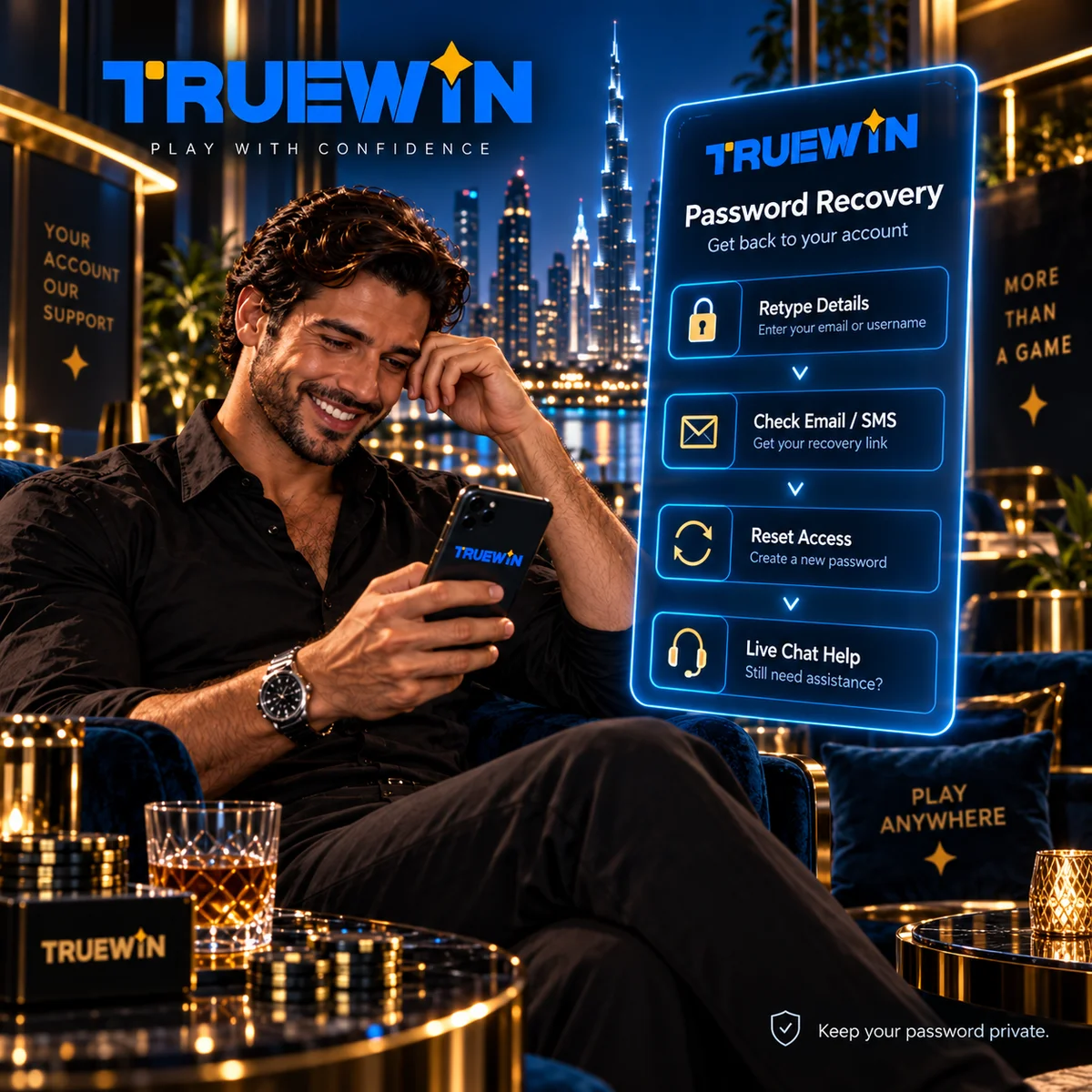 TrueWin password reset and login troubleshooting interface with security verification steps