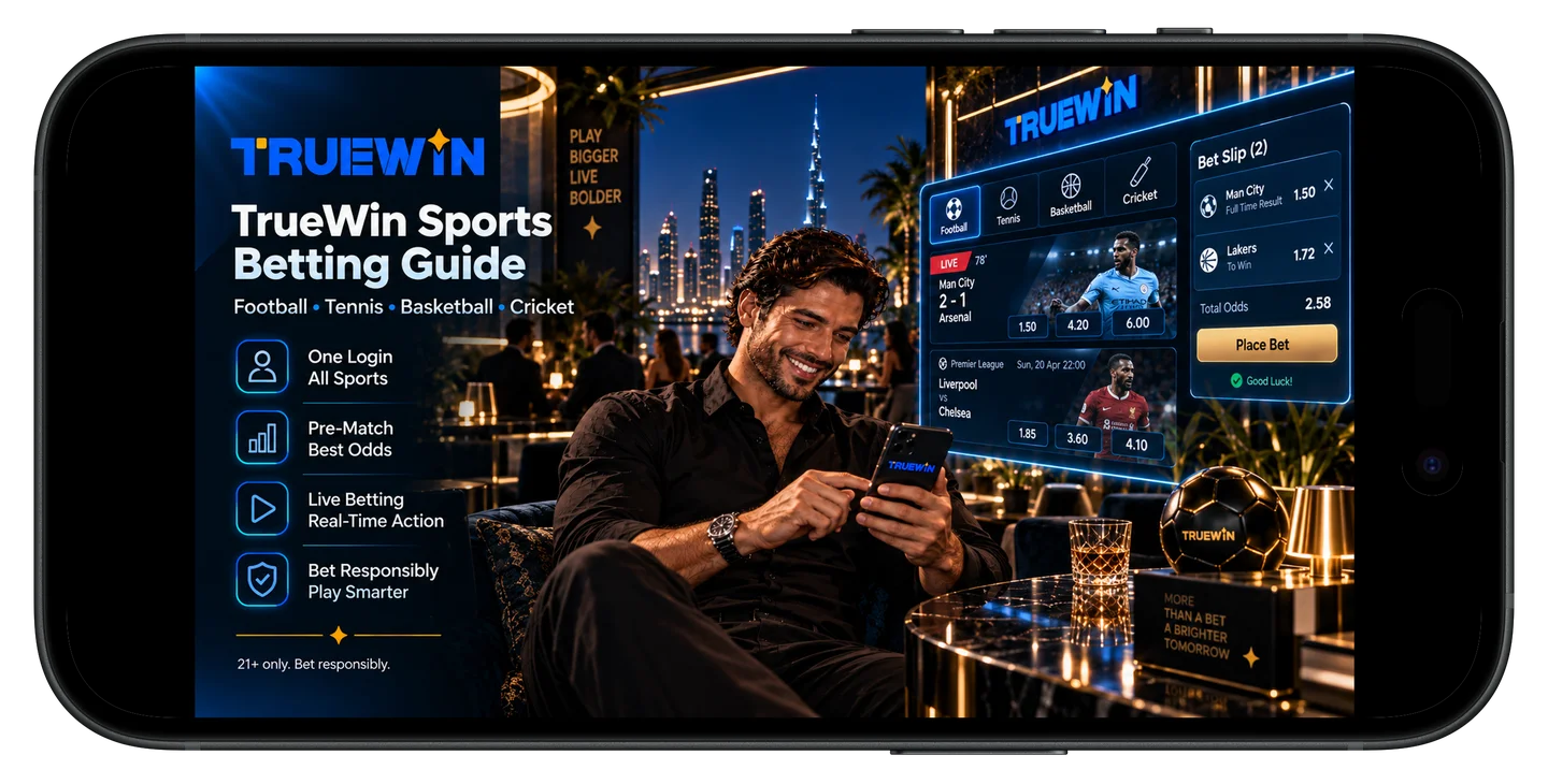 TrueWin sports betting platform interface on mobile smartphone displaying premier sports markets and odds against Dubai night skyline