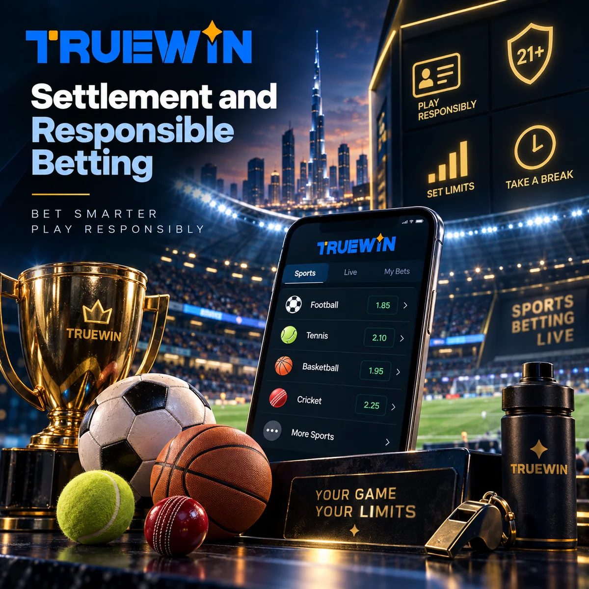 TrueWin sports settlement verification details and responsible bankroll betting management interface